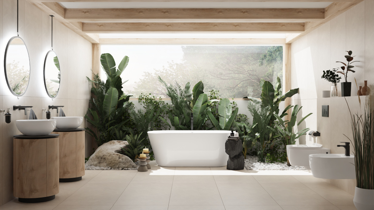 Łazienka w stylu eko z wanną wolnostojącą